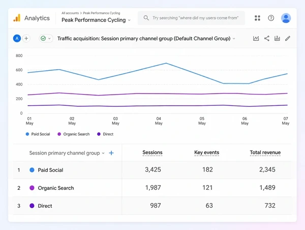A Google Analytics table showing paid social sessions and revenue for a performance cycling shop