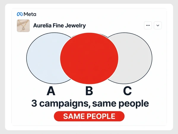 Aurelia Fine Jewelry Meta card: A, B, C circles heavily overlap in large red shared middle; 3 campaigns, same people; red pill SAME PEOPLE.