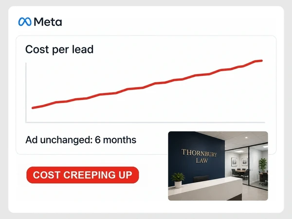 Thornbury Law shows cost per lead climbing while the ad remains unchanged for six months.