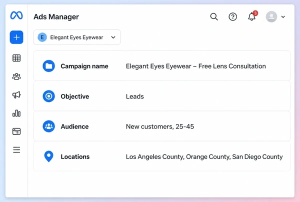 A Meta Ads Manager campaign setup for an eyewear brand offer with objective, audience and locations