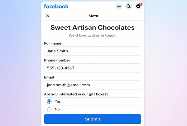 A Meta instant lead form for a chocolate maker with four short fields and a submit button