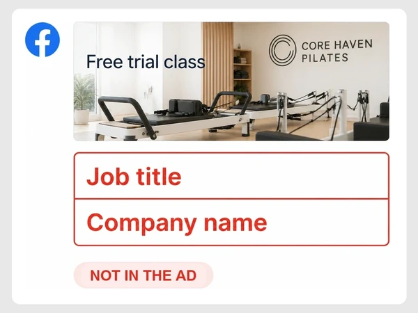 Core Haven Pilates advertises a free trial while its Facebook form asks for job title and company name.