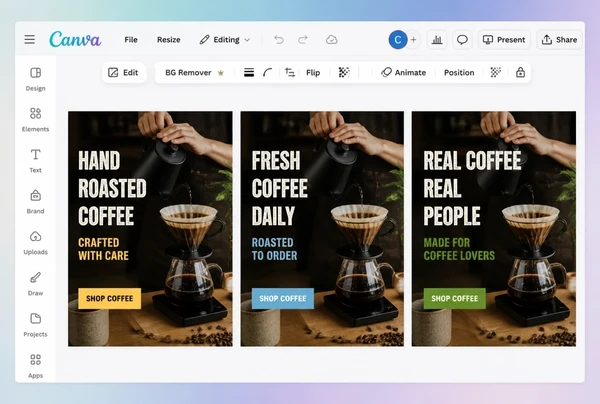 Three coffee roastery advert designs being compared in a Canva editor