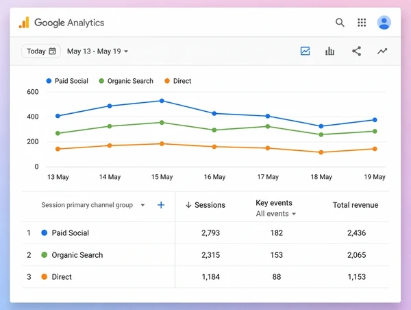 A Google Analytics table showing paid social sessions and revenue for a nail studio