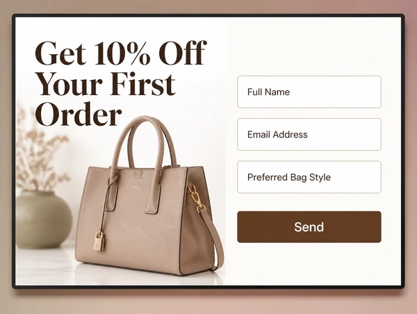 A handbag brand landing page carrying the advert offer beside a three field enquiry form