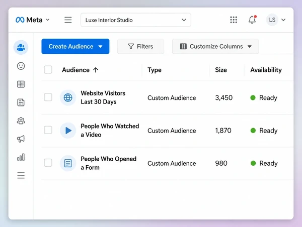 A Meta Ads Manager audiences list with three saved interior design studio remarketing audiences