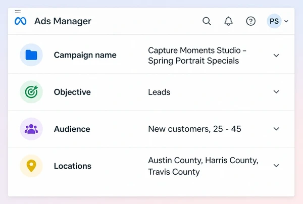 A Meta Ads Manager campaign setup for a photography studio offer with objective, audience and locations