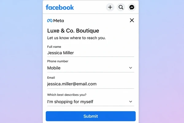 A Meta instant lead form for a fashion boutique with four short fields and a submit button
