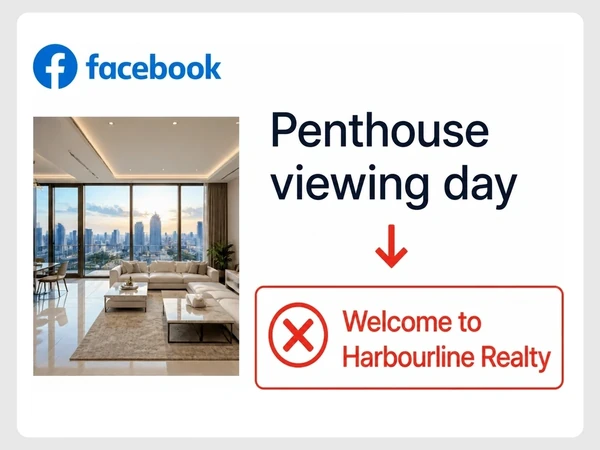 Harbourline Realty shows a Penthouse viewing day Facebook ad leading to a generic homepage marked with a red X.