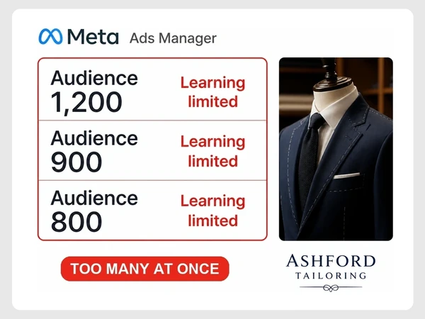 Ashford Tailoring shows audiences of 1,200, 900, and 800, each marked Learning limited and Too Many at Once.