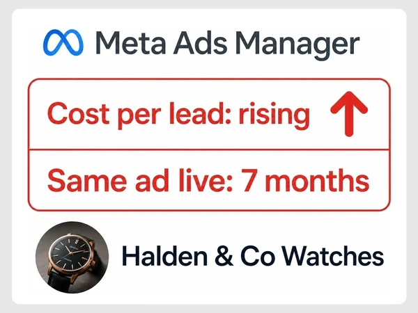 Halden & Co Watches shows rising cost per lead and the same Meta ad live for seven months.