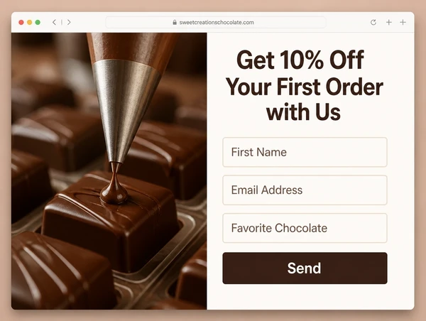 A chocolate maker landing page carrying the advert offer beside a three field enquiry form