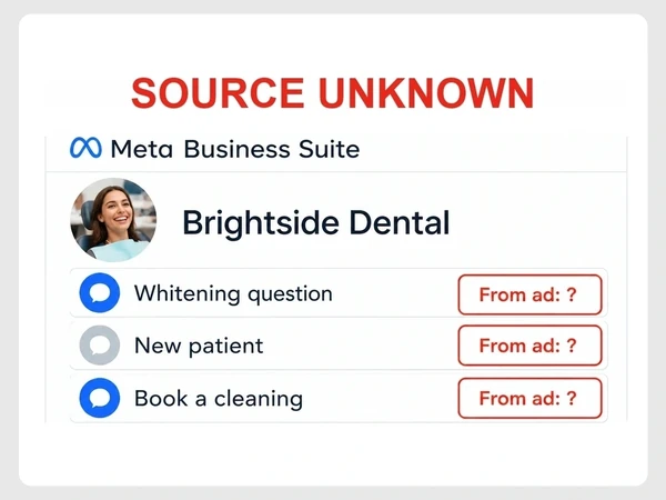 Brightside Dental shows three Meta inbox inquiries, each with its originating ad marked unknown.