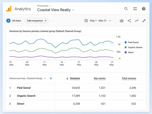 A Google Analytics table showing paid social sessions and revenue for a real estate agency