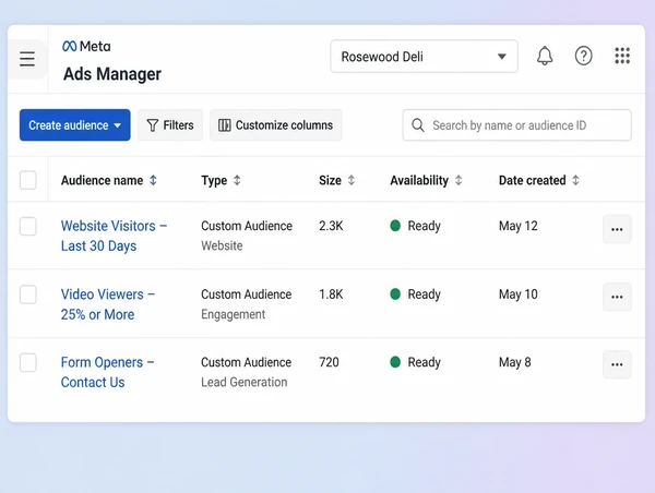A Meta Ads Manager audiences list with three saved delicatessen remarketing audiences