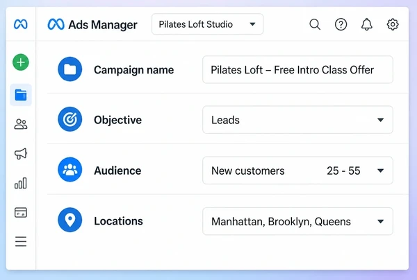 A Meta Ads Manager campaign setup for a pilates studio offer with objective, audience and locations