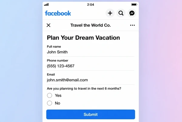 A Meta instant lead form for a travel agency with four short fields and a submit button