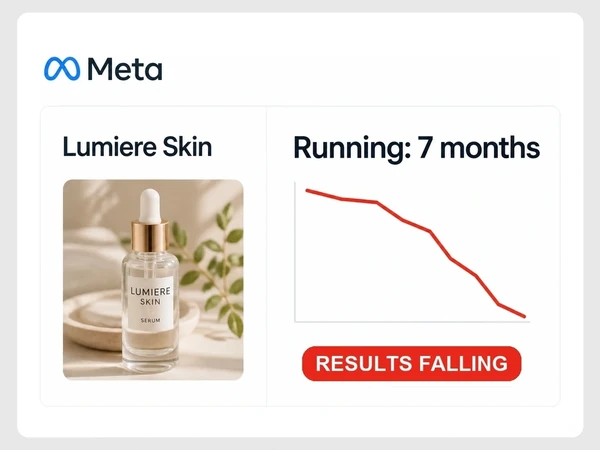 Lumiere Skin shows one Meta ad running seven months beside a steep red results decline marked Results Falling.
