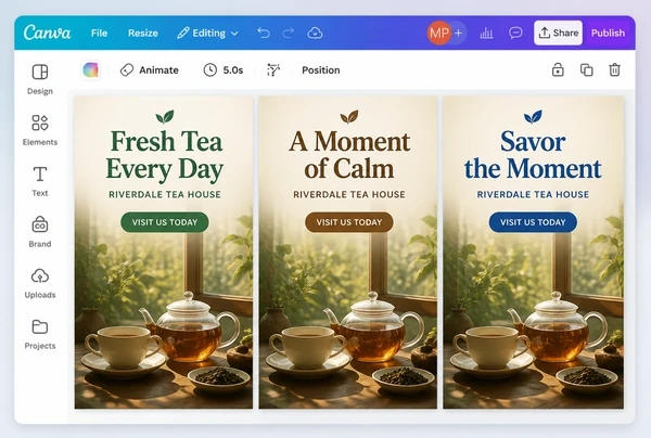 Three tea house advert designs being compared in a Canva editor