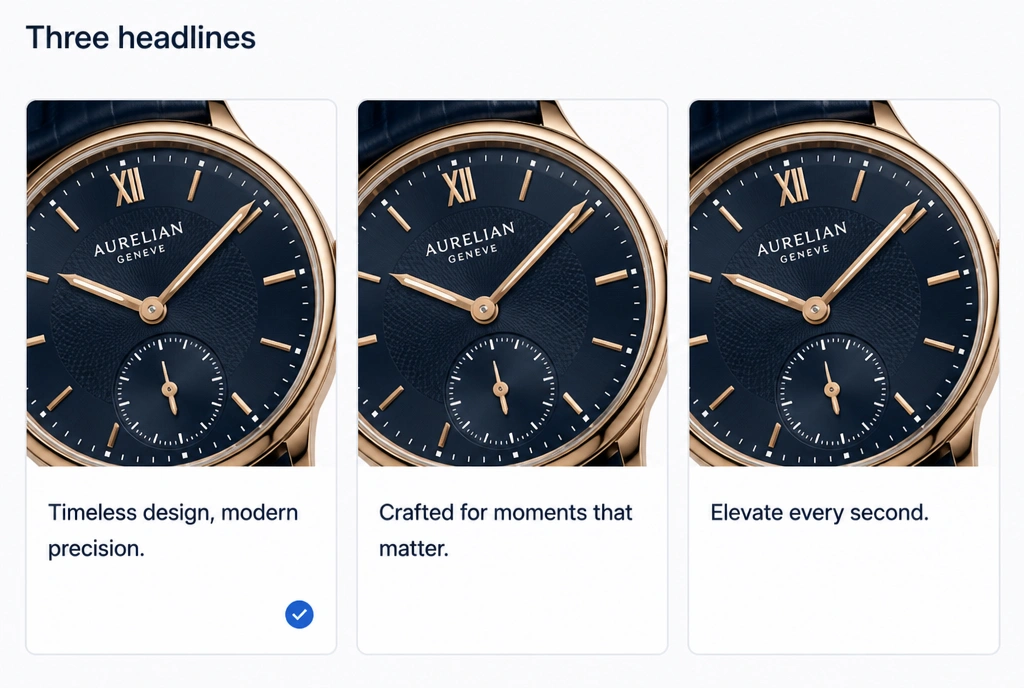 Three watch adverts side by side with different headlines, the first marked with a tick