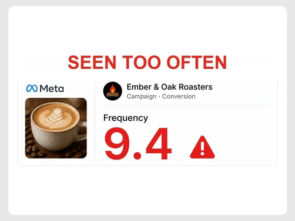 Ember & Oak Roasters shows Meta ad frequency at 9.4 in red beneath Seen Too Often.