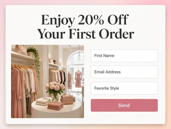 A fashion boutique landing page carrying the advert offer beside a three field enquiry form