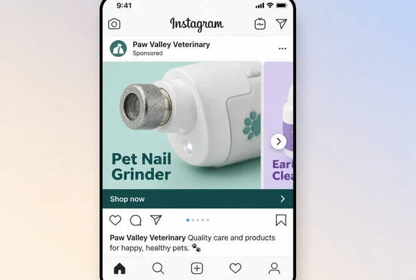 An Instagram carousel advert showing veterinary practice products with names