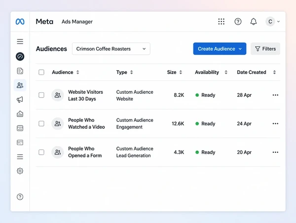 A Meta Ads Manager audiences list with three saved coffee roastery remarketing audiences
