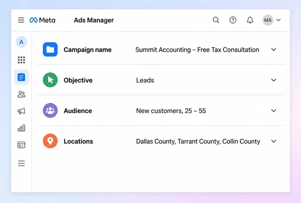 A Meta Ads Manager campaign setup for an accountancy practice offer with objective, audience and locations