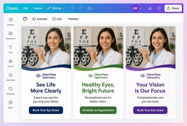 Three optometry practice advert designs being compared in a Canva editor