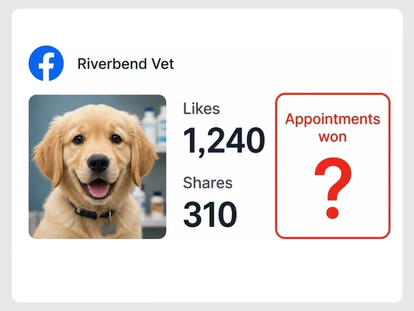 Riverbend Vet shows 1,240 likes and 310 shares while Appointments won contains a red question mark.