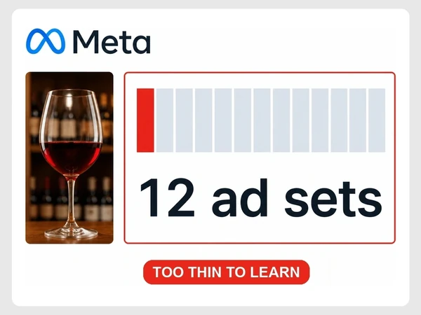Cellar Row Wines shows one budget bar divided among 12 ad sets and marked Too Thin to Learn.