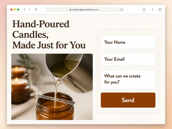 A candle maker landing page carrying the advert offer beside a three field enquiry form