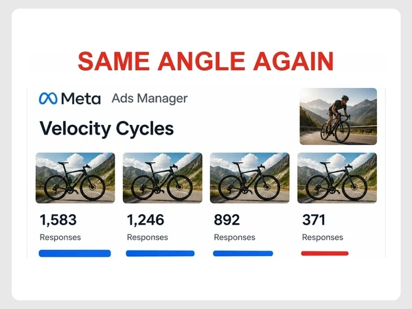 Velocity Cycles shows four identical bike ads with response bars shrinking to a final red bar.