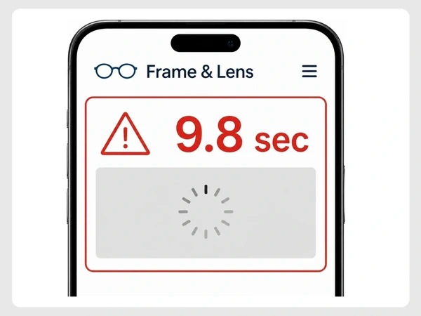 Frame & Lens shows a loading phone page with a gray placeholder, spinner, and red 9.8 second warning.