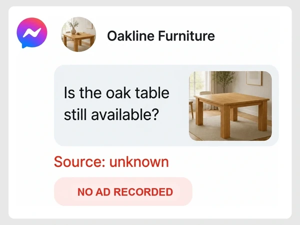 Oakline Furniture shows a Messenger question about an oak table with Source unknown and No Ad Recorded.