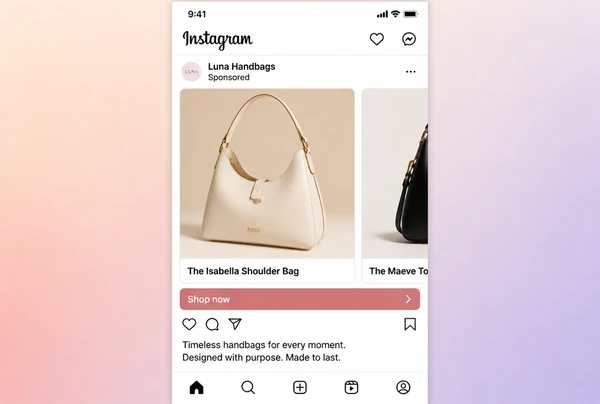 An Instagram carousel advert showing handbag brand products with names