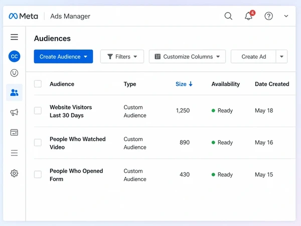 A Meta Ads Manager audiences list with three saved chiropractic clinic remarketing audiences