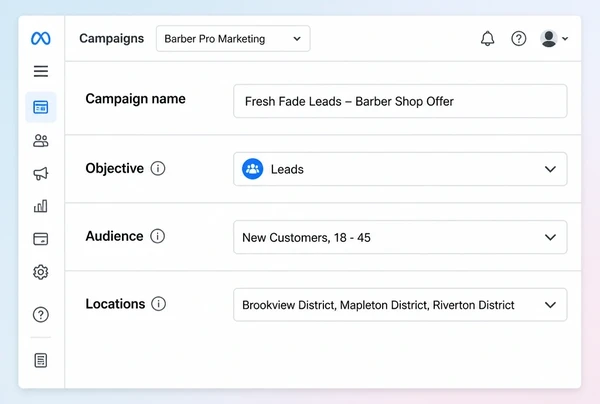 A Meta Ads Manager campaign setup for a barber shop offer with objective, audience and locations