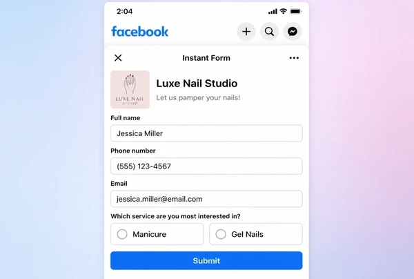 A Meta instant lead form for a nail studio with four short fields and a submit button