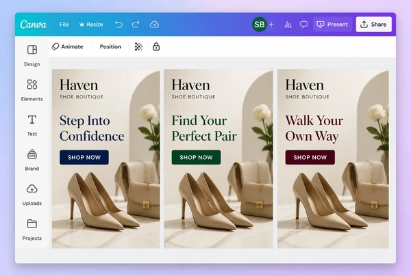Three shoe boutique advert designs being compared in a Canva editor