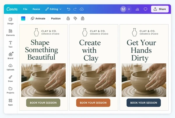 Three ceramics studio advert designs being compared in a Canva editor
