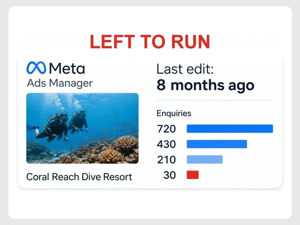 Coral Reach Dive Resort shows its last ad edit eight months ago and four shrinking inquiry bars.