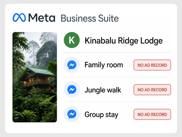 Kinabalu Ridge Lodge shows three Meta inbox messages, each marked No Ad Record.