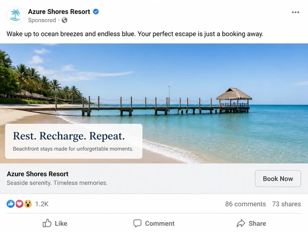Facebook feed advert for a coastal resort with a Book Now button