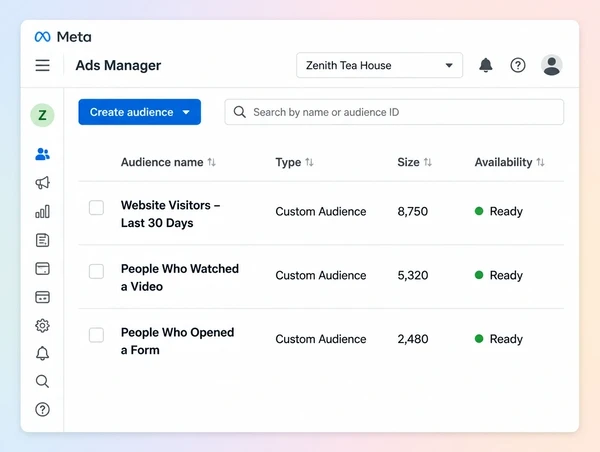 A Meta Ads Manager audiences list with three saved tea house remarketing audiences