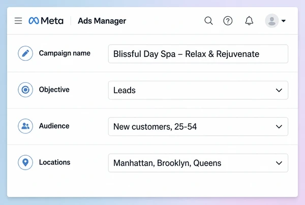 A Meta Ads Manager campaign setup for a day spa offer with objective, audience and locations