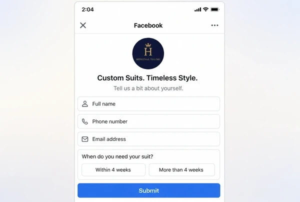A Meta instant lead form for a bespoke tailor with four short fields and a submit button