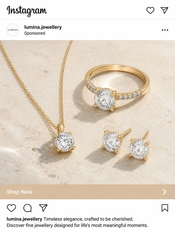 Tall Instagram advert for a fine jewellery brand with a Shop Now button