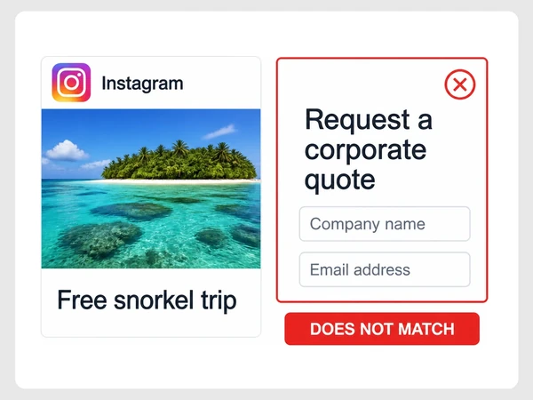 Borneo Trails pairs a Free snorkel trip Instagram ad with an unrelated corporate quote form.